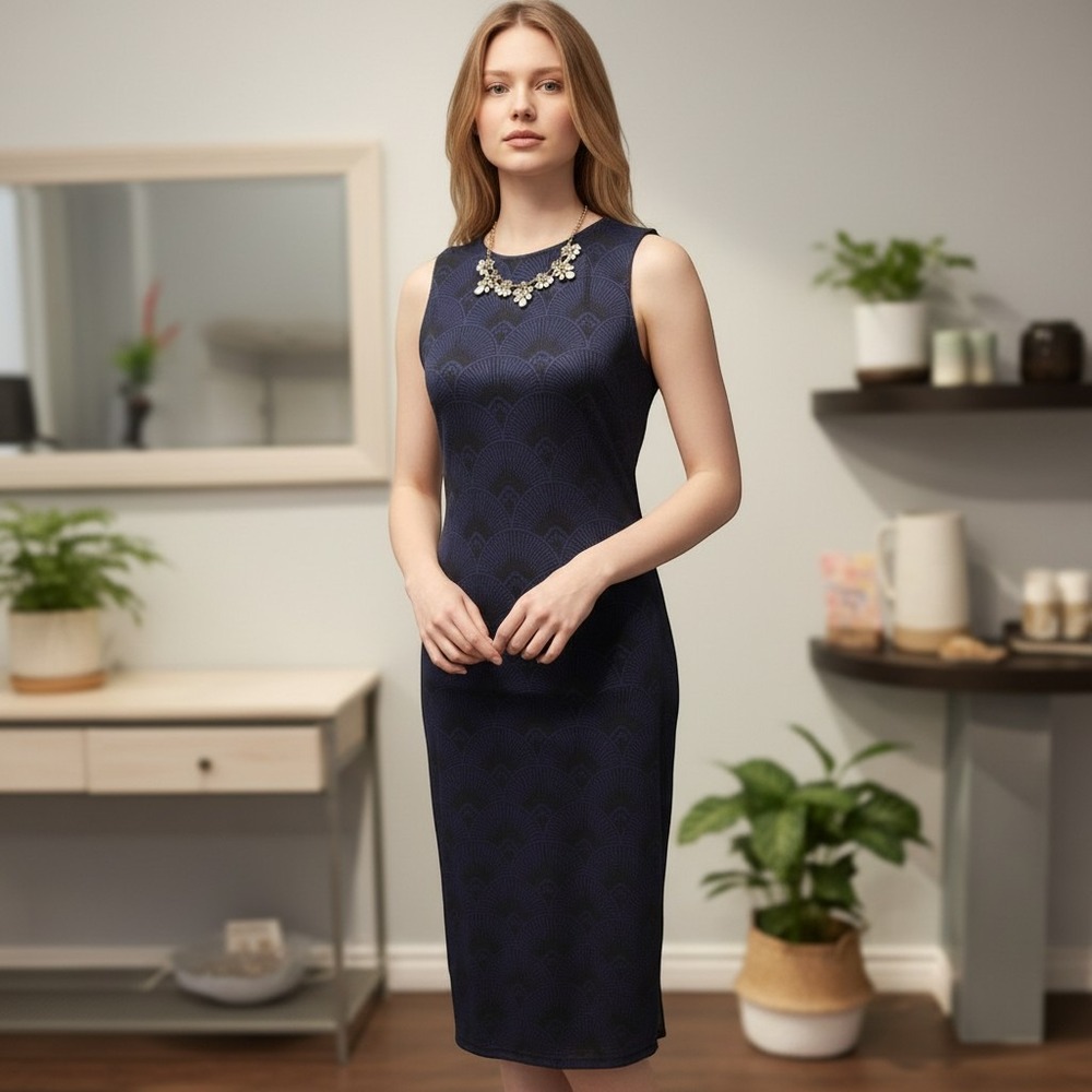 H&M Navy Blue Black Art Deco Fan Print Sleeveless Sheath Midi Dress Small